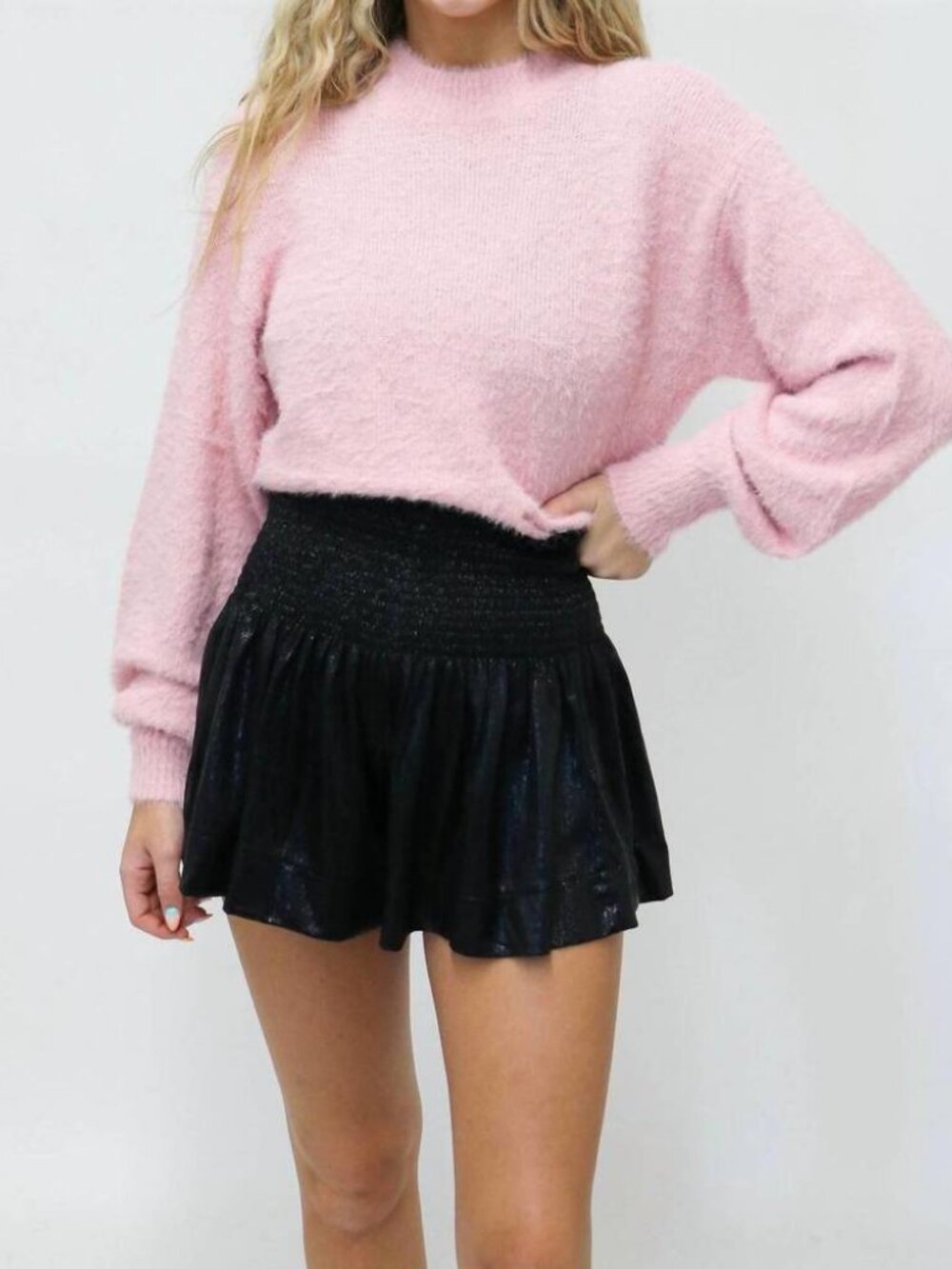 Queen Of Sparkles Black Metallic Smocked Waist Swing Shorts
